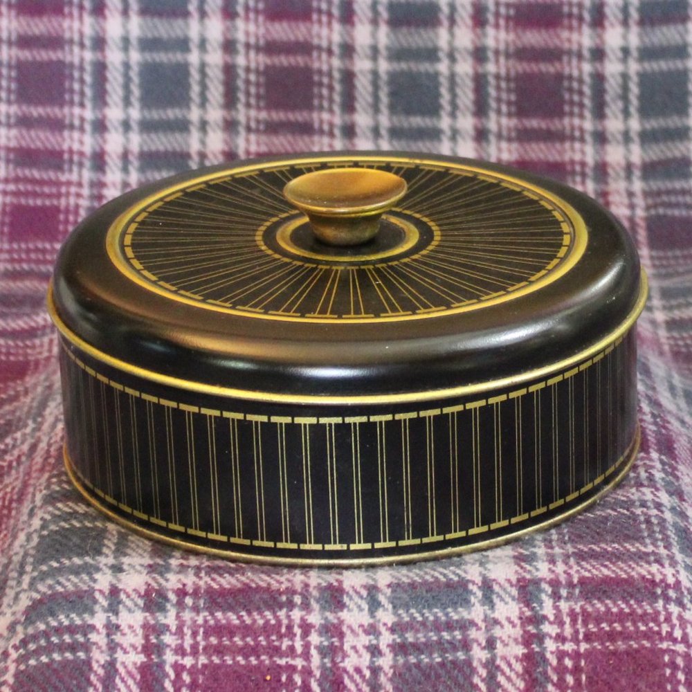 Vintage MCM Guildcraft USA Black and Gold Handled Tin Container